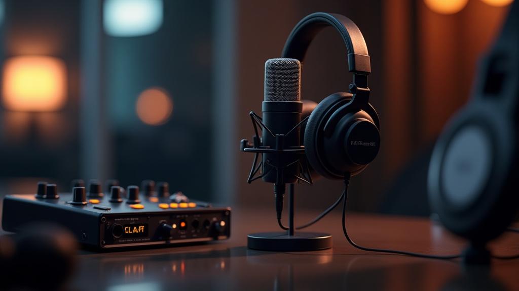 Modernong audio recording equipment sa isang propesyonal na studio, nagpapakita ng mikropono, headphones, at soundboard na may soft lighting.